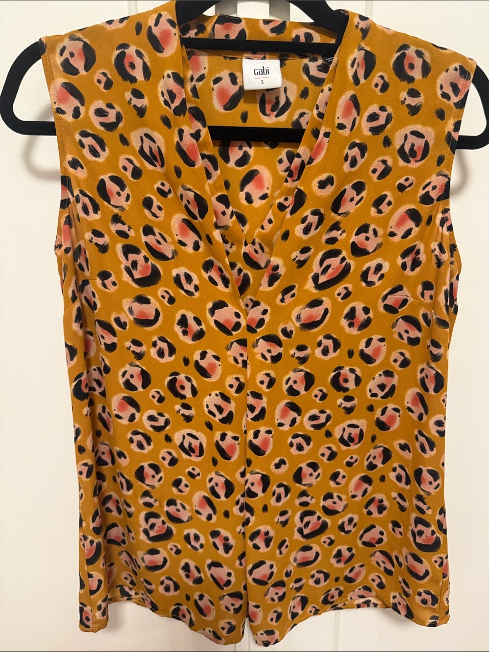 CAbi Mustard Yellow Leopard-Print Sleeveless V-Neck Blouse
